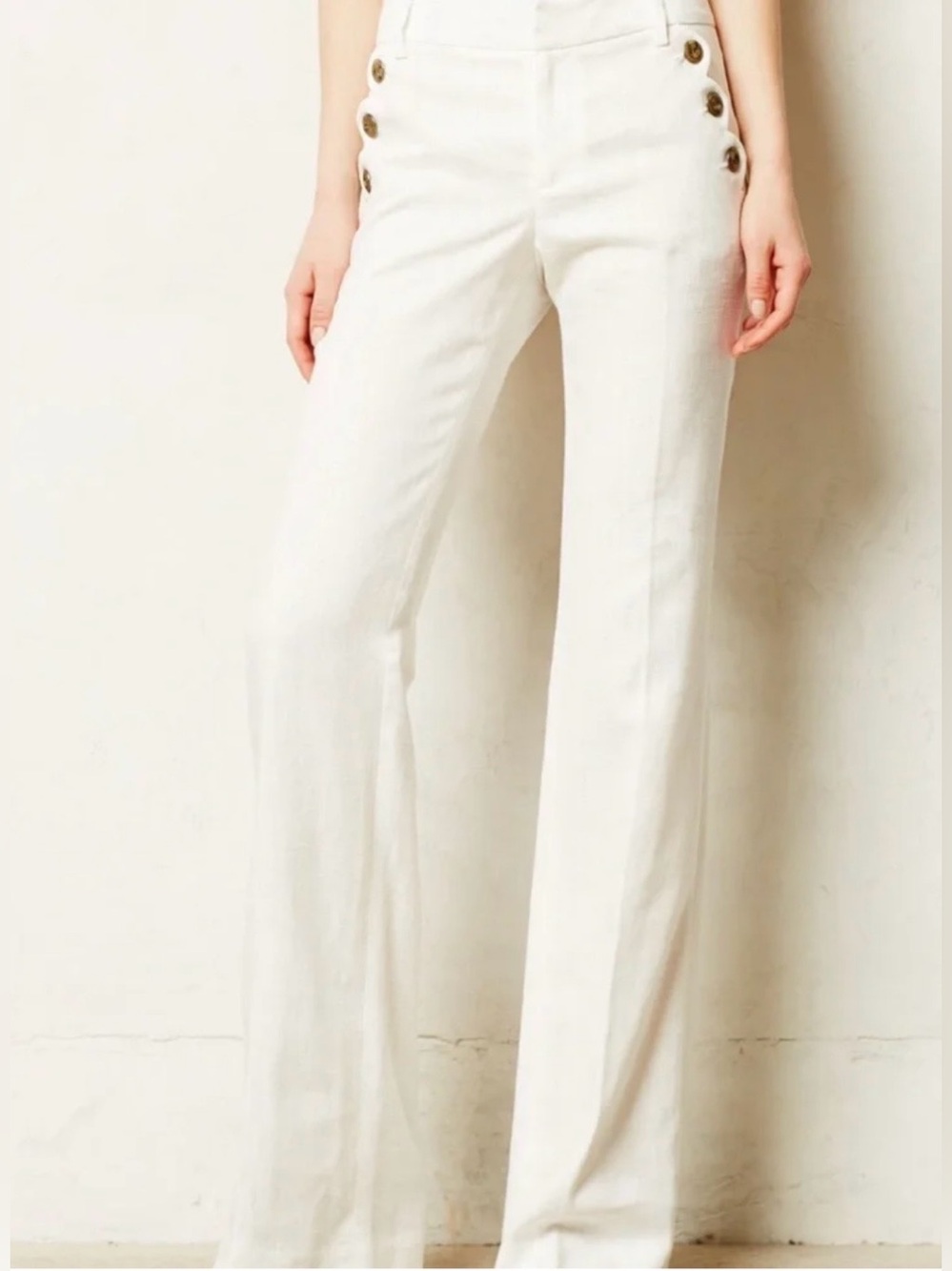 Elevenses Anthropologie The Brighton White Linen Wide Leg Sailor Pants Size 8